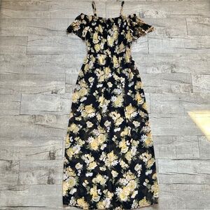 Lily White Black Yellow Off the Shoulder Boho Smocked Maxi Dress Cottagecore S